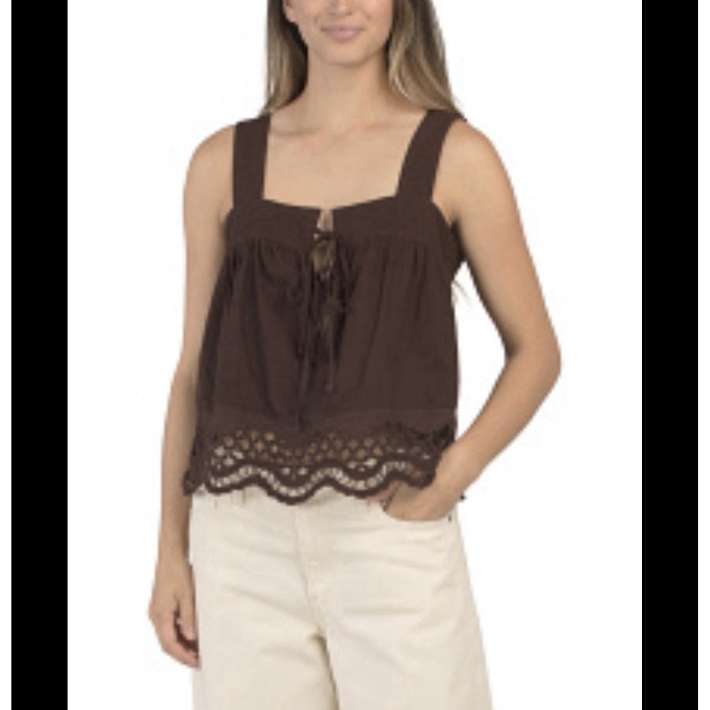 Rachel Zoe NWT Linen Cropped Tank Top Tie Lace Front Scalloped Eyelet Trim XL